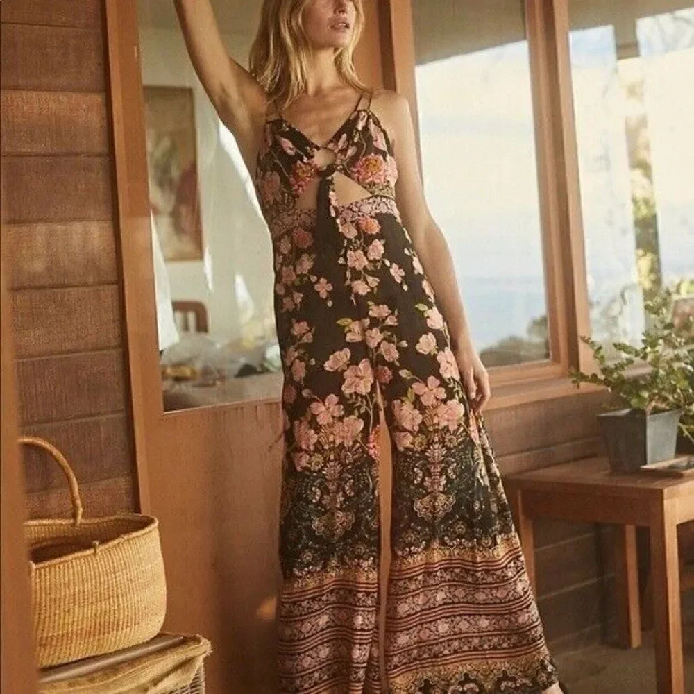 NWT FREE PEOPLE SUNDOWN CUTOUT WIDE LEG FLORAL PRINTED JUMPSUIT